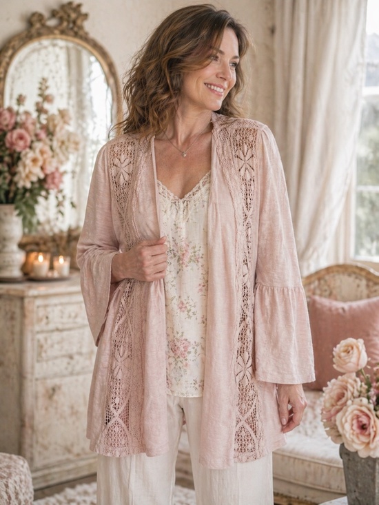 April Cornell Sweaters - April Cornell Dusty Rose Crochet Lace Trim Open Front Cardigan XL Boho